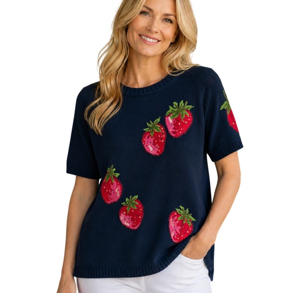 The Quacker Factory Vintage Sweater Womens Large Navy Strawberry Short Sleeves